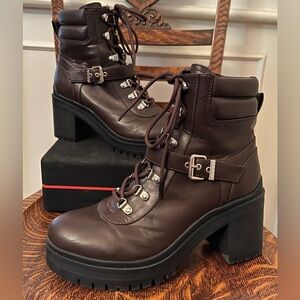 GUESS Canaly Lug Sole Platform Block Heel Combat Boots in Chocolate Brown